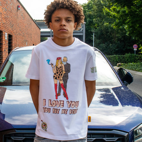 Unisex Heavy Cotton Streetwear Tee - White - Classic Fit - Graphic Design. Rent T-shirts