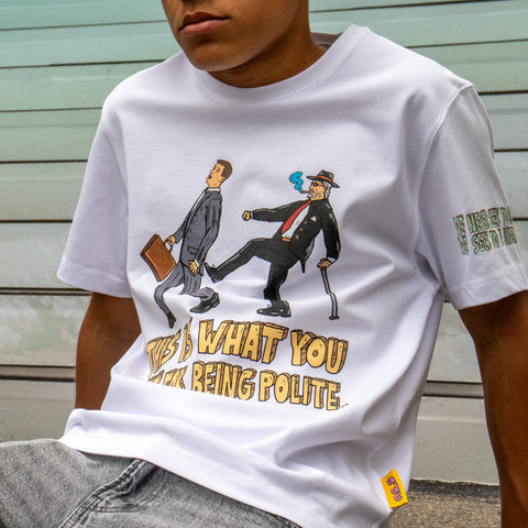 Unisex Heavy Cotton Streetwear Tee - White - Classic Fit - Graphic Design. Polite T-shirts