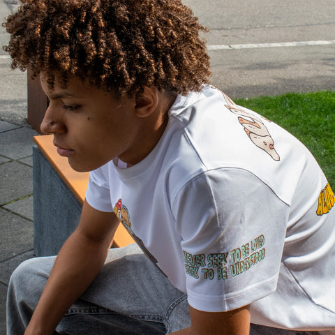Unisex Heavy Cotton Streetwear Tee - White - Classic Fit - Graphic Design. Rent T-shirts
