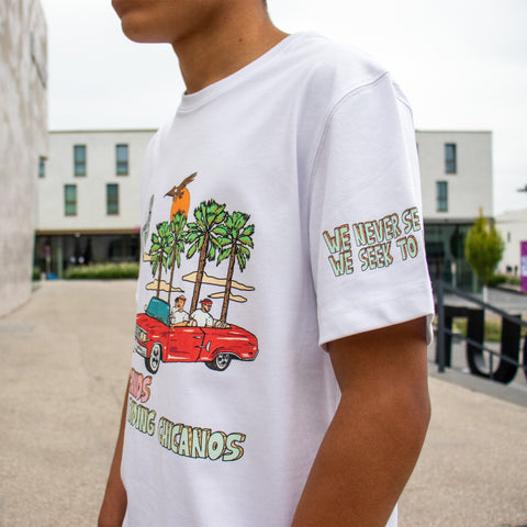 Allmosst  Americanos Graphic Custom T-shirt White. On a model side close up view 