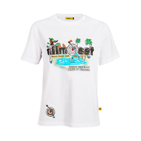 White short-sleeved T-shirt with colorful front and back prints, featuring text and a graphic that portrays a utopian vision of nature.