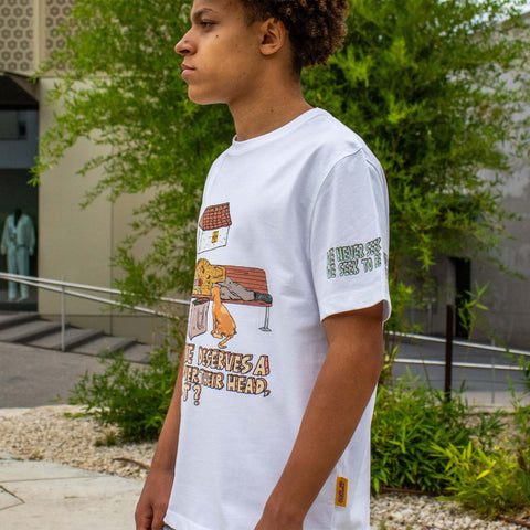 Allmosst Homeless Man Graphic T-shirt White. On model side vie