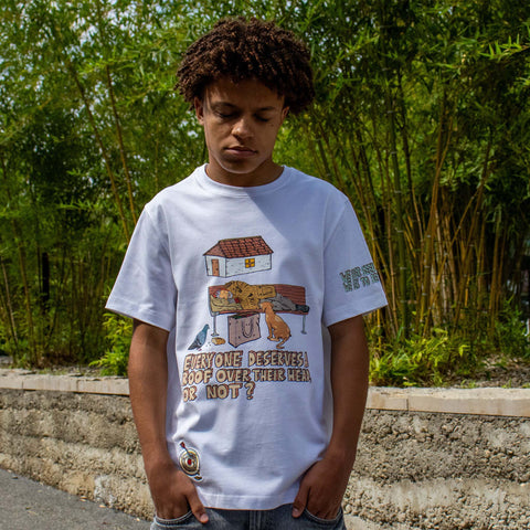 Allmosst Homeless Man Graphic T-shirt White. On model front close up view