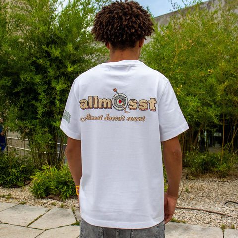 Allmosst Homeless Man Graphic T-shirt White. On model Close up back view