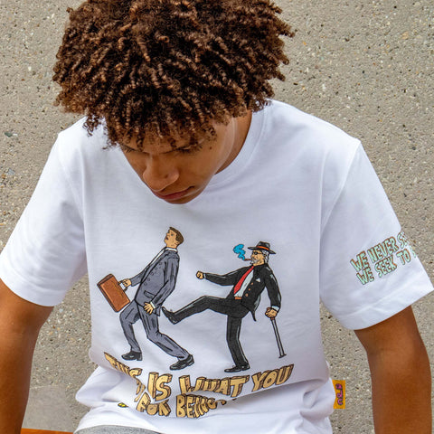 Allmosst Polite graphic roundneck white t-shirt. On model