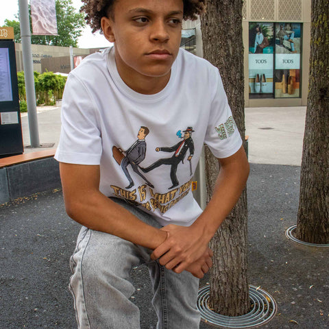 Allmosst Polite Graphic T-Shirt White on a male model view, combined with jeans