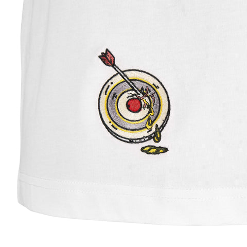 Allmosst embroidery logo on white t-shirt