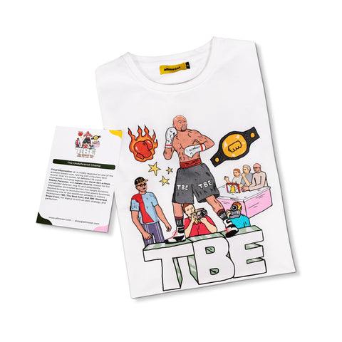 A short-sleeved white Undefeated Champ T-shirt