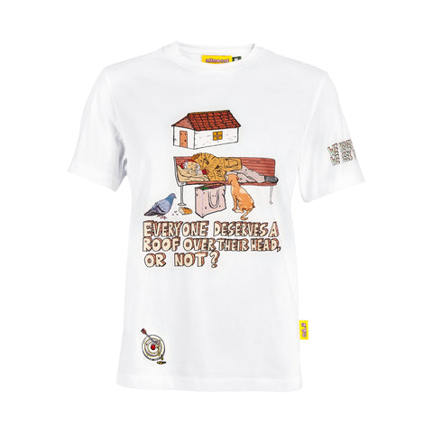 White Homeless T-shirt with streetwear graphic design